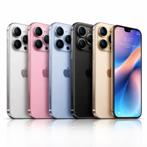 Row of Apple iPhones in multiple colors (silver, pink, blue, black, gold) shown from the back, highlighting the triple-camera setup.