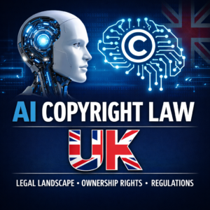 Futuristic banner for UK AI copyright law, showing a robotic head and glowing circuit brain.