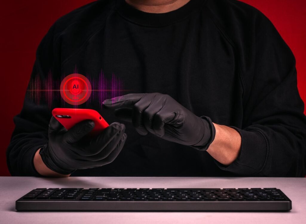 Person wearing black gloves types on a red smartphone, with AI holographic visuals and a purple waveform against a red backdrop.