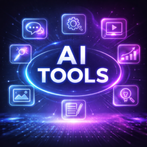 Central glowing 'AI TOOLS' title with neon icons around it (chat, settings, video, analytics, search, notes, image, lightbulb) in a sci-fi glow.
