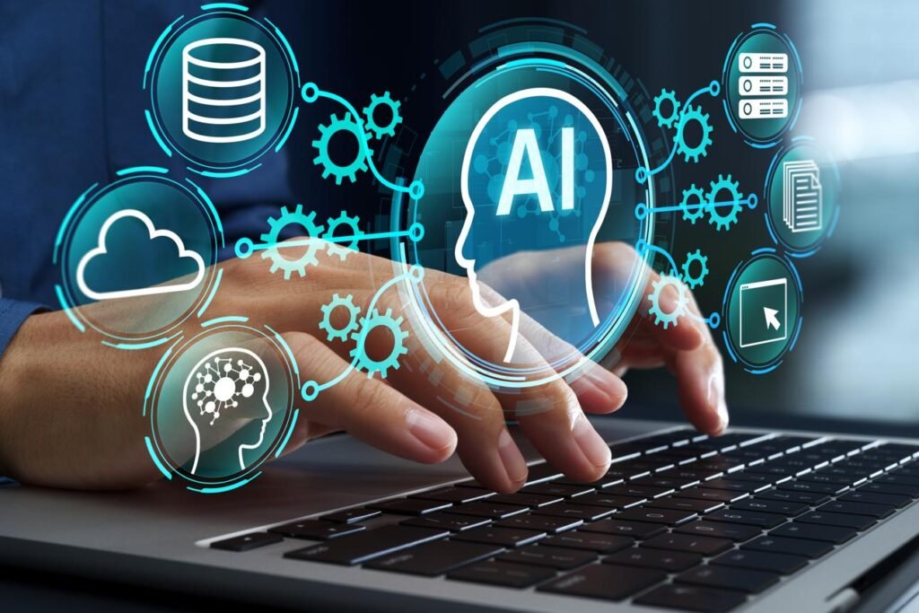 Hands typing on a laptop with glowing AI icons and gears illustrating artificial intelligence