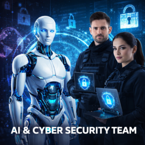 AI & CYBER SECURITY TEAM: humanoid robot with two security professionals in dark uniforms, blue holographic shield icons.