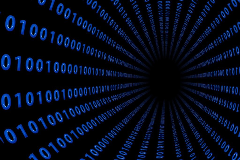 Blue binary digits (0s and 1s) spiral toward a black center, creating a data-stream vortex.