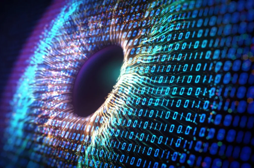Abstract digital eye formed by a swirl of neon binary digits around a dark pupil of light blue and purple hues.