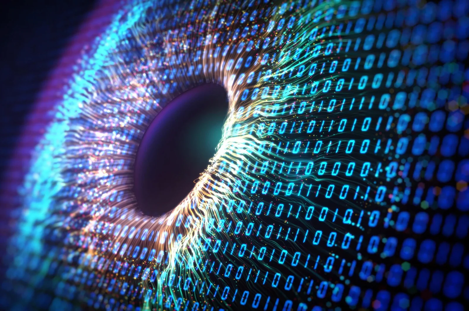 Abstract digital eye formed by a swirl of neon binary digits around a dark pupil of light blue and purple hues.