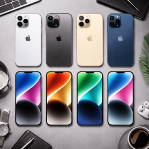 Lineup of four iPhones showing back colors: silver, graphite, gold, and blue, with four front displays beneath.