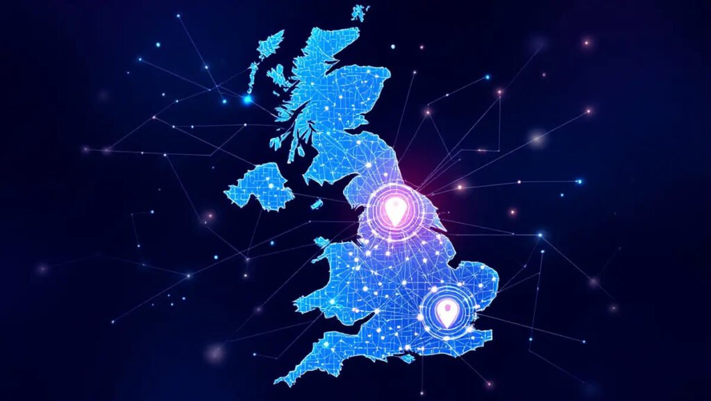 Digital map of the United Kingdom with glowing network lines and two bright location pins indicating connected sites.