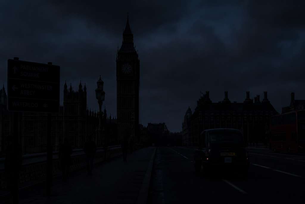 London street at dusk with Big Ben silhouetted against a cloudy sky near Parliament. A signpost with Westminster directions is on the left.