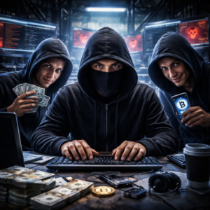 Three hooded hackers around a desk; central figure types on a keyboard while another displays cash, and the third shows a Bitcoin symbol on a phone.