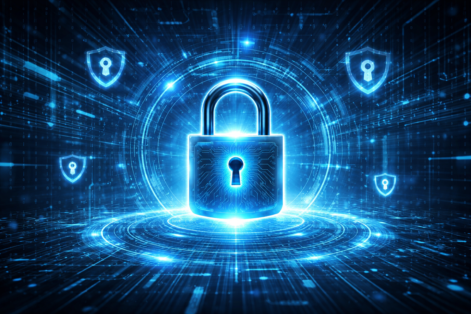 Glowing blue padlock at center surrounded by digital rings and shield icons, symbolizing cybersecurity.