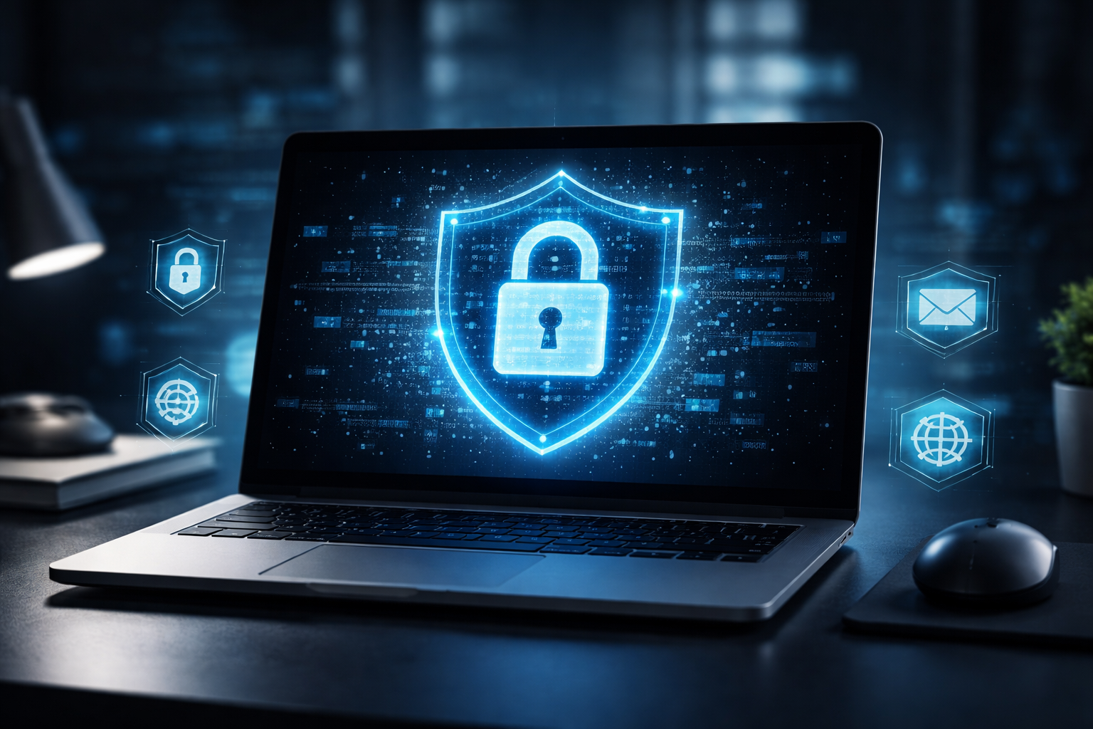 Laptop screen glowing with a blue shield and padlock, representing cybersecurity.