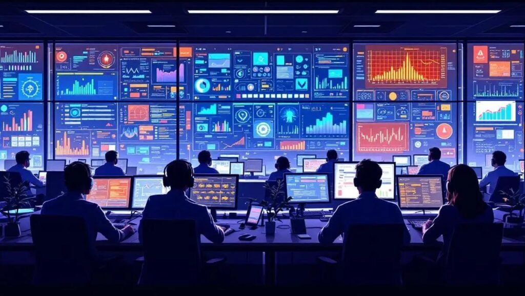 Operations center with a wall of monitors displaying charts and graphs while staff monitor data.”