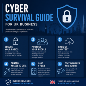 Infographic titled Cyber Survival Guide for UK Business outlining six steps to protect data and reputation.