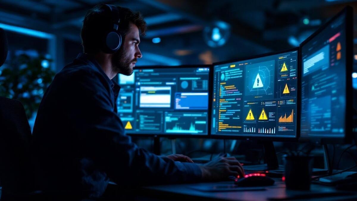 Man wearing headphones sits at a multi-monitor desk, monitoring blue-toned dashboards with warning alerts on the screens.