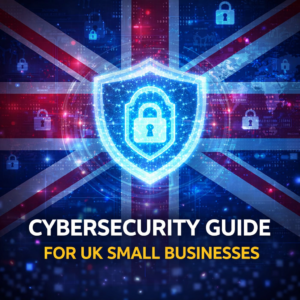 Bright blue shield with a padlock floats over a UK flag; text reads 'CYBERSECURITY GUIDE FOR UK SMALL BUSINESSES'—guidance image for cyber safety.