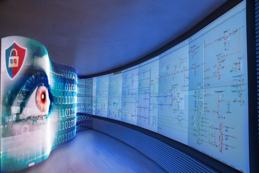 Futuristic data center concept: a digital eye beside streams of binary code and a long wall of screens showing complex schematics.