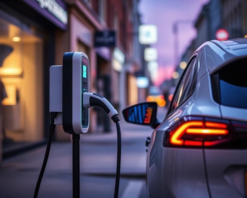 Electric car plugged into a street charging station on a city street at dusk, rear of car visible with glowing taillights