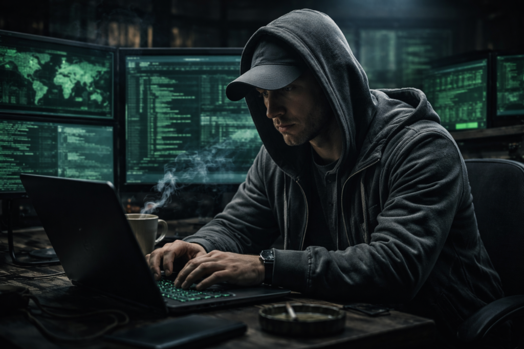 Hooded figure typing on a laptop in a dim room, with multiple monitors showing green code and a world map in the background.