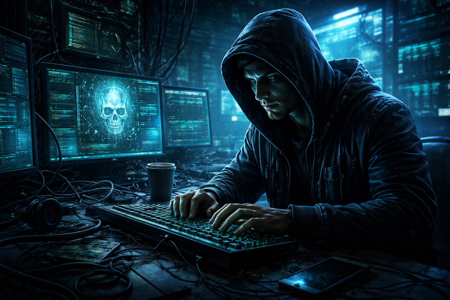 Hooded figure typing on a keyboard at a cluttered desk with multiple monitors displaying code and a skull image on one screen, in a blue-lit server room surroundings.