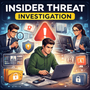 Illustrator-style scene of a young man in a green hoodie at a laptop, surrounded by security icons and investigators, labeled 'Insider Threat Investigation' (informative cover)