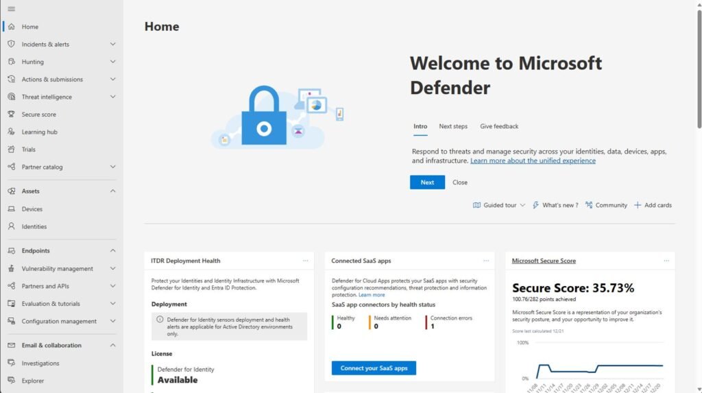Screenshot of a Microsoft Defender welcome page showing left navigation menu and a large 'Welcome to Microsoft Defender' header with an illustrated security graphic on the left and three info cards below