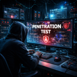 Hooded hacker at a workstation running a penetration test on a large monitor displaying cybersecurity graphics and a shield icon.