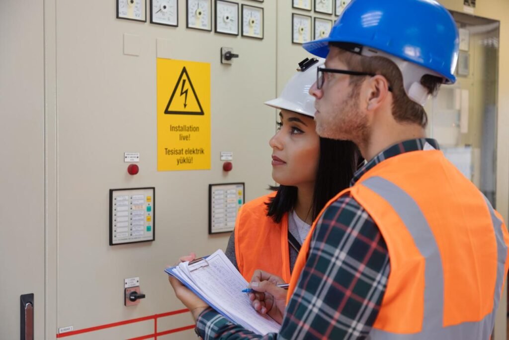 Two workers in hard hats and orange safety vests assess an electrical control panel, taking notes on a clipboard.