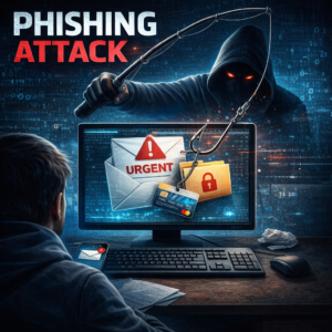 Hooded hacker uses a fishing rod to lure an urgent email and a lock onto a computer screen, illustrating phishing.