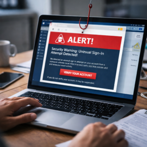 Laptop screen shows a red alert banner reading 'ALERT!' about a security warning of an unusual sign-in attempt.
