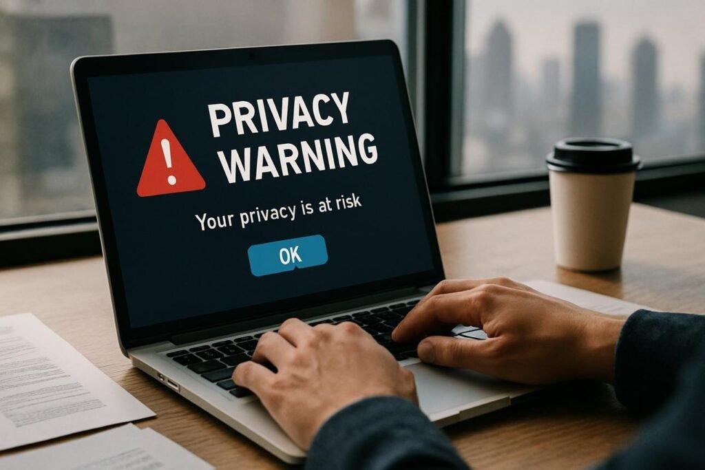 Laptop screen shows a privacy warning reading 'Your privacy is at risk' with a red exclamation icon and 'OK' button; person types on keyboard nearby.