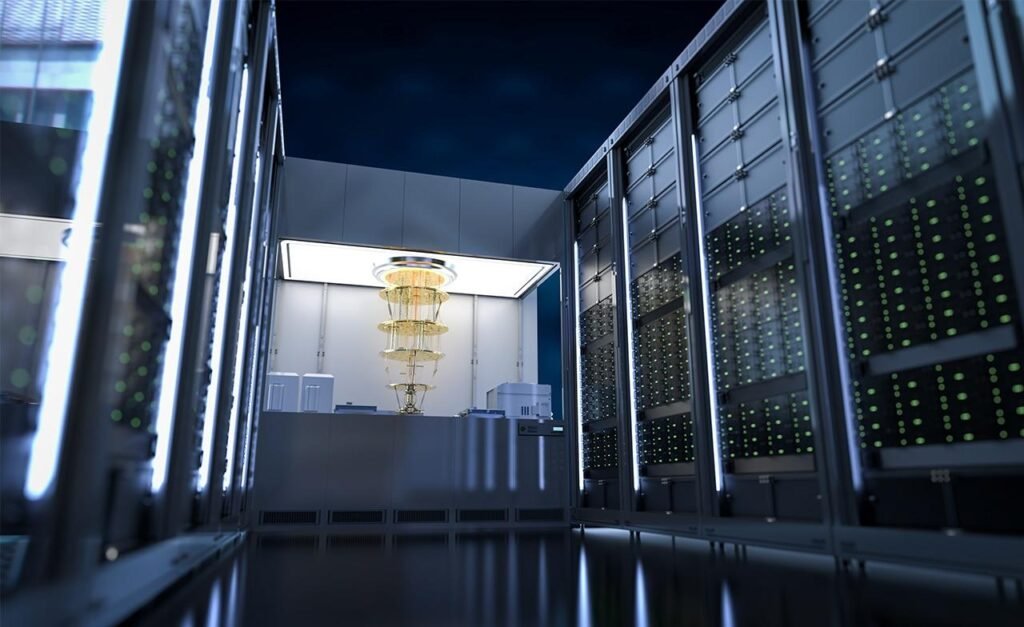 Data center with rows of server racks and a glowing central research cabinet in a lit lab area at night