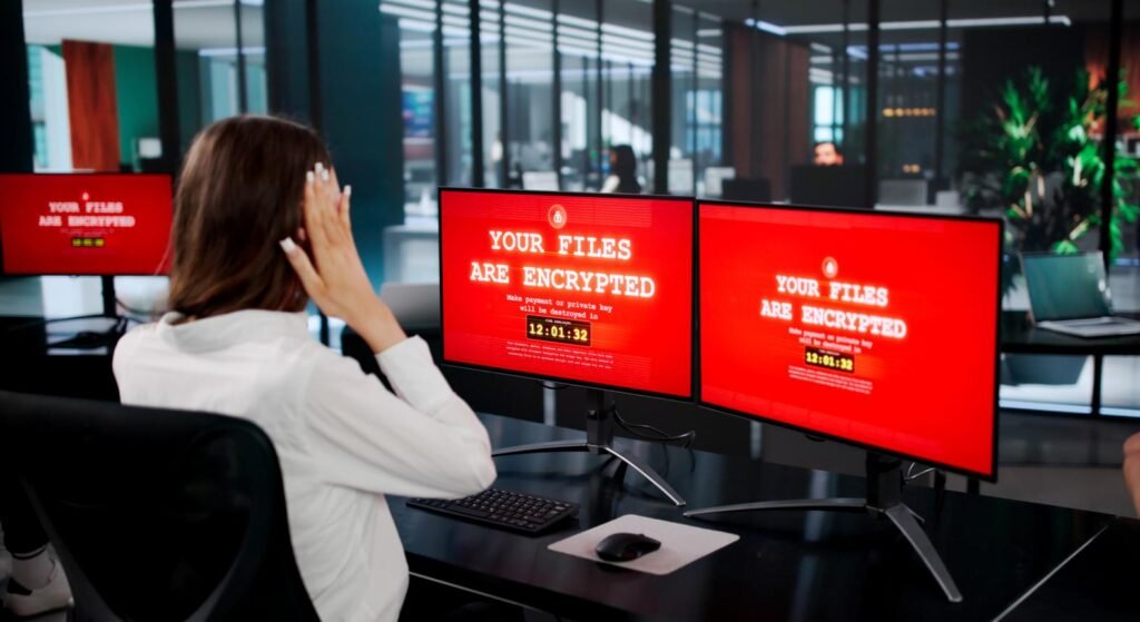 Person seated at a desk in an office, three monitors show a red 'Your files are encrypted' ransomware message.