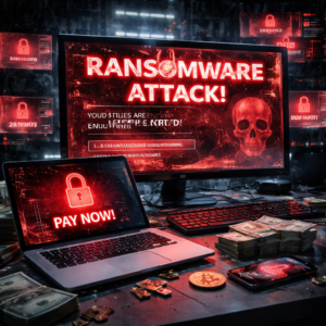 Main monitor shows a bright red 'RANSOMWARE ATTACK' warning with a skull graphic, while the laptop screen says 'PAY NOW' amid cash and crypto on the desk.