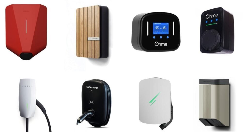 Eight electric vehicle charging devices displayed on a white background, showcasing various home chargers from multiple brands.