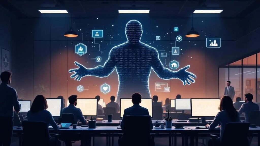 Holographic blue humanoid figure made of code rises from the wall as a team watches screens in a dark conference room.