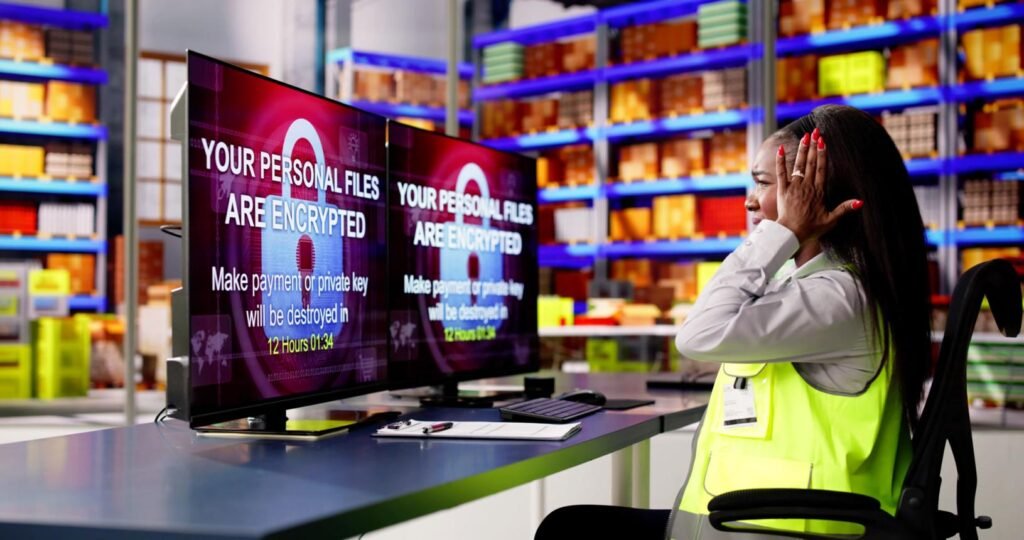 Woman in a neon yellow safety vest sits at a desk in a warehouse, looking at two screens that display a ransomware warning.