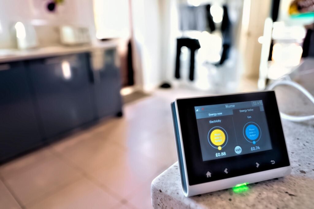 Touchscreen home energy monitor on a kitchen counter displaying energy usage and cost figures, with a blurred background kitchen.
