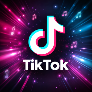 TikTok logo with neon pink and blue light bursts in the background, promotional brand graphic