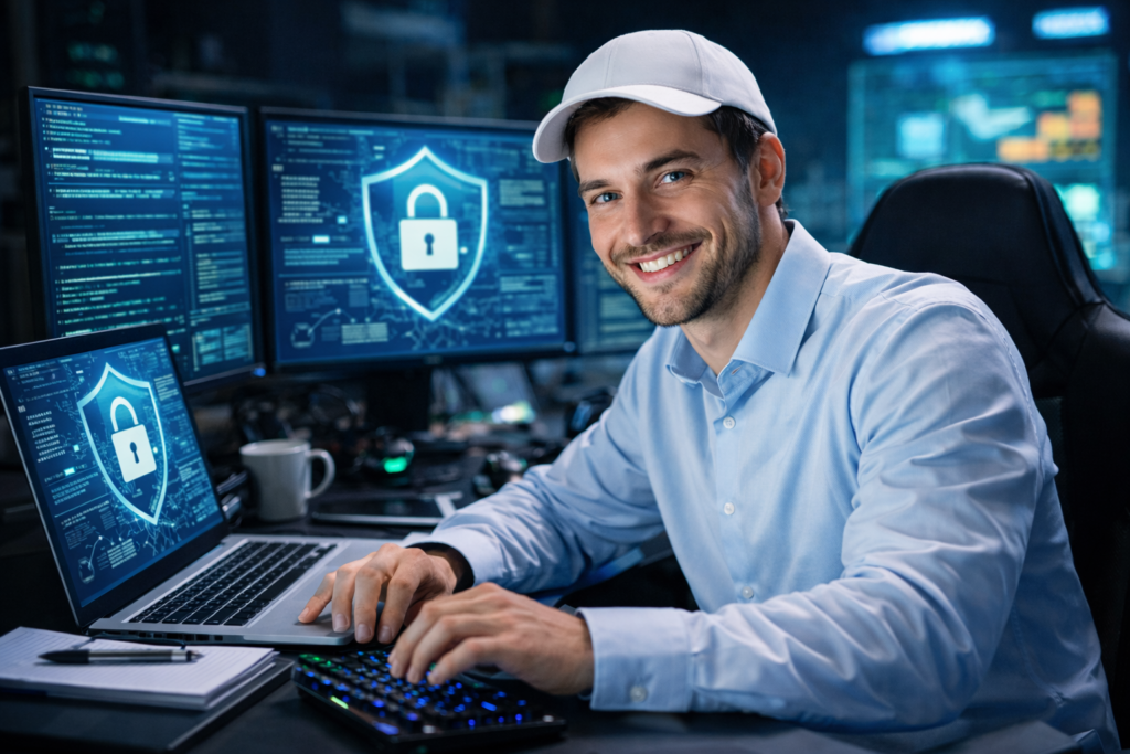 Security analyst at a multi-monitor setup with shield-and-lock graphics on screens, smiling at the camera.