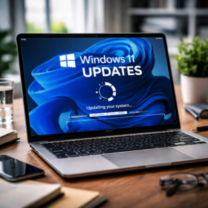 Laptop on a wooden desk showing a Windows 11 Updates progress screen with a circular progress icon and 'Updating your system...' text.