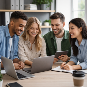 Four young professionals gathered around a table, smiling at a laptop screen during a collaborative work session in a bright office.
