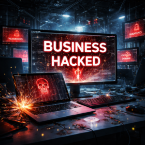 Dark, high-tech workspace with a large monitor reading 'BUSINESS HACKED' in red, a laptop showing a red skull, and warning screens in the background (cyberattack scene).