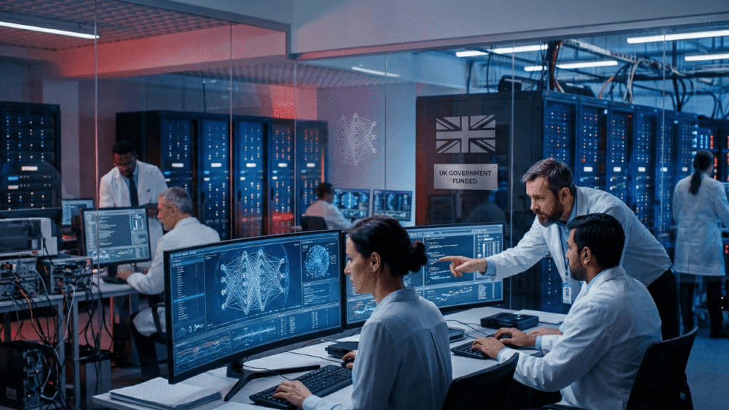 Data center control room with engineers monitoring large screens displaying network diagrams and charts.