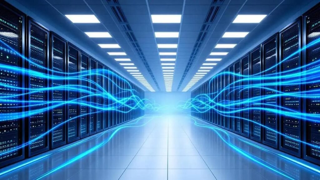 Long data-center hallway with server racks on both sides and glowing blue data streams flowing between them, suggesting high-speed networking.