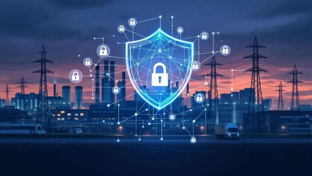 Digital shield with a padlock and interconnected nodes over an industrial skyline, representing industrial cybersecurity at dusk.