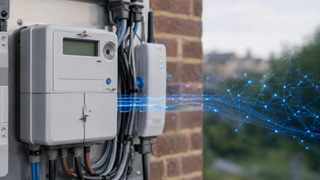 Outdoor electrical/telecom panels with cables mounted on a brick wall and a blue network lines visualization extending to the right, suggesting connectivity.