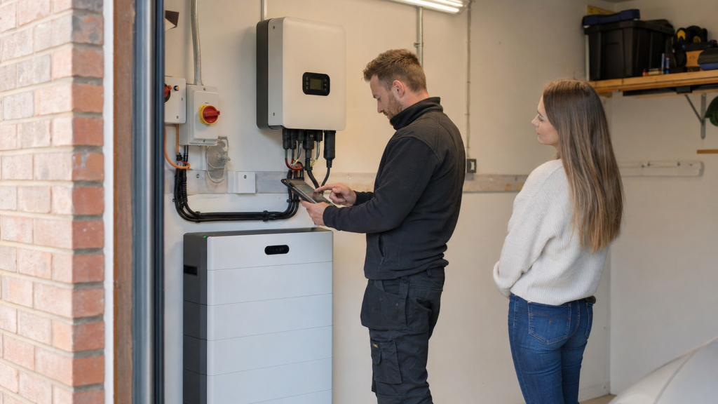 Technician shows data on a tablet while standing next to a wall-mounted electrical inverter and control boxes in a garage, a woman watches.