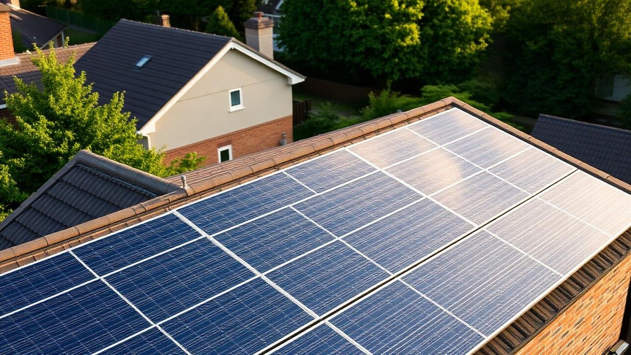 Solar panels installed on a sloped residential roof under sunny sky.